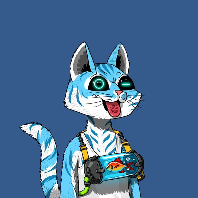 An animated cartoon illustration of a smiling blue and white cat with glowing green eyes, wearing a chest harness that contains a fish in a glass bowl and a small pink tag reading 'IN CAT WE TRUST'.