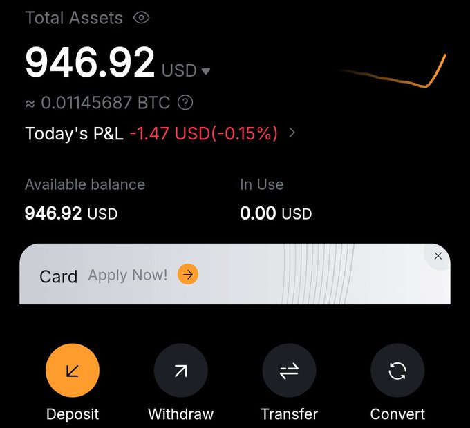 A crypto exchange portfolio screenshot showing Total Assets of 946.92 USD (≈ 0.01145687 BTC) with Today's P&L of -1.47 USD (-0.15%) and full Available Balance, paired with a claim of earning $900 from a "sentientt" airdrop—though the screenshot itself doesn't reference the airdrop, only displaying the account balance and standard deposit/withdraw/transfer options.