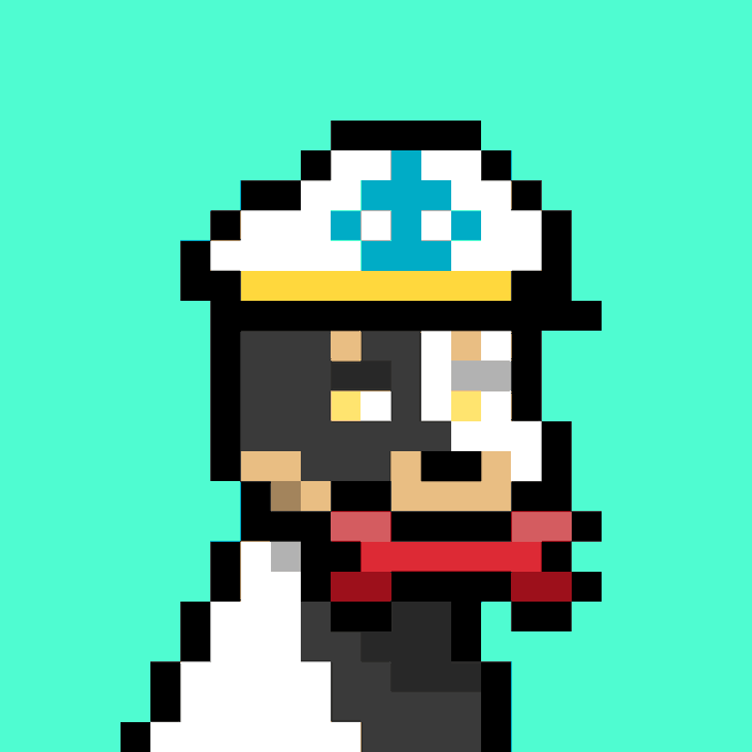 Pixel art of a character resembling Toad from the Mario series, wearing a chef's hat and scarf, set against a turquoise background.