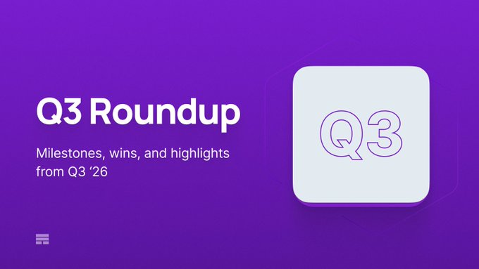 A purple-themed slide titled "Q3 Roundup" with subtitle "Milestones, wins, and highlights from Q3 '26" featuring a white square icon containing "Q3".