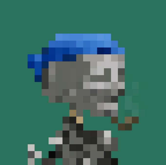A pixel-art character with a blue cap and gray skeletal face stands against a solid teal green background.