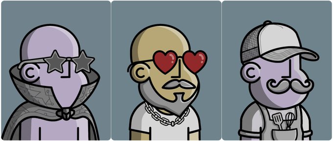 The image features three cartoon men with different styles, all wearing glasses and hats. The first man has purple hair and a red heart around his neck, the second man wears a white shirt and a black hat, and the third man has a gray beard and a black hat. They are standing next to each other in a row on a blue background.