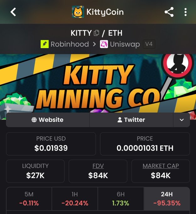 A cryptocurrency tracking app screen for 'KittyCoin' (KITTY/ETH), showing a price of $0.01939, market cap of $84K, and steep 24-hour decline of -95.35%.