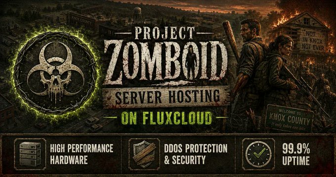 The promotional banner advertises "Project Zomboid Server Hosting on Fluxcloud," featuring imagery of survivors with weapons and a biohazard symbol amid a burning Knox County scene. Three feature highlights are displayed at the bottom: "High Performance Hardware," "DDoS Protection & Security," and "99.9% Uptime," reinforcing the post's announcement that the zombie survival game servers are now live on the decentralized Flux network.