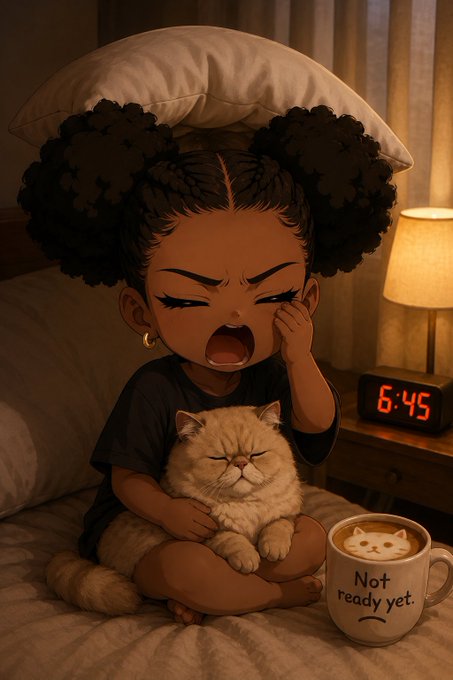 A cartoon illustration of a sleepy girl yawning while holding a grumpy cat in bed, with a digital clock showing 6:45 and a mug that reads 'Not ready yet.'