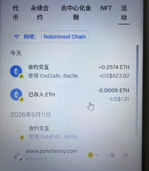 A screenshot of a MetaMask wallet activity log on Robinhood Chain showing a contract interaction ("合约交互") that earned +0.2574 ETH (US$623.82) today, alongside a previously stored ETH entry and a 2026 contract interaction—visually corroborating the poster's claim of profiting 0.25 ETH from a sniper wallet farming tutorial they plan to reinvest in memecoin "Dog."