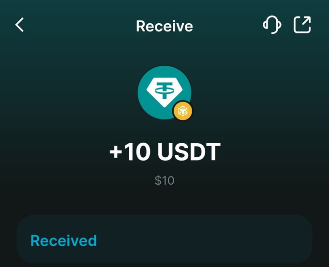 A cryptocurrency wallet 'Receive' screen showing +10 USDT ($10) successfully received from Tether (USDT).