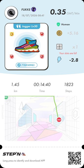 A STEP'N app screenshot showing a user named FUKKE earning 0.35 GMT/Min, with stats including 1.45 km, 00:14:40 time, and 1823 steps.