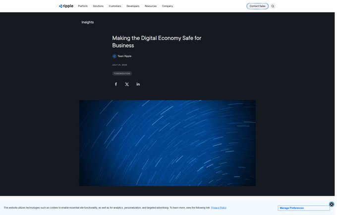The image shows a webpage from Ripple's Insights section featuring an article titled "Making the Digital Economy Safe for Business" by Tuon-Whipple, dated July 29, 2022, with a dark blue abstract image below. This content aligns with the post about Ripple's involvement in Poland's DLT Pilot Regime, as both relate to Ripple's work in establishing regulatory frameworks for digital assets and tokenization in the EU.