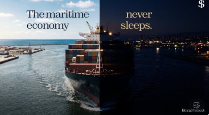 A split-image graphic with 'The maritime economy' on the daytime left side showing a container ship and 'never sleeps.' on the nighttime right side showing a lit port, branded with 'Eliza Protocol' and a '$' symbol.