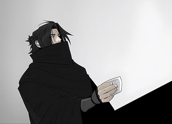 An anime character with black hair and a high-collared dark cloak holds a glass of milk, looking sideways against a plain background.