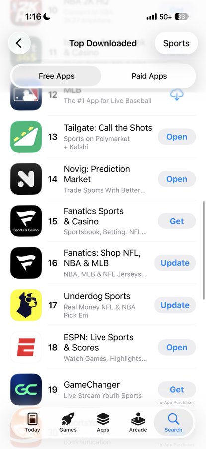 iPhone App Store screenshot displaying the Top Downloaded Sports apps chart, featuring MLB (#12), Tailgate, Novig, Fanatics Sports & Casino, Fanatics Shop, Underdog Sports, ESPN Live Sports, and GameChanger.