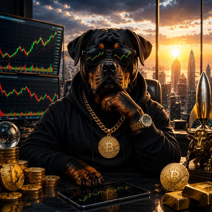 A Rottweiler wearing sunglasses, a gold chain with a Bitcoin pendant, and a luxury watch sits contemplatively at a desk surrounded by Bitcoin coins, gold bars, a bull figurine, and multiple monitors displaying candlestick charts, with a city skyline at sunset in the background—visually embodying the cautious, analytical market sentiment ("Fear still outweighs greed") described in the post about BTC hovering near $60K with high dominance.