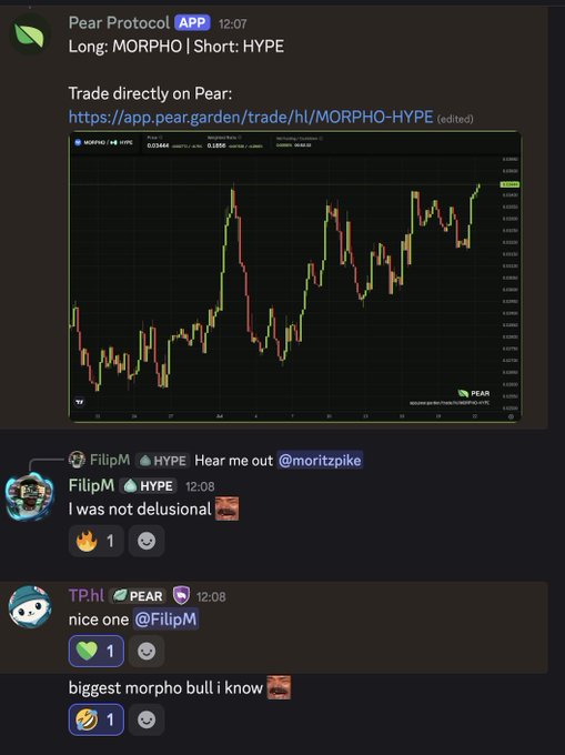 A Discord screenshot from the Pear Protocol channel shows a MORPHO/HYPE trading chart with the caption "Long: MORPHO | Short: HYPE" and a link to trade on Pear.garden, followed by users complimenting each other on being "MORPHO bulls in the trenches"—directly matching the post's theme of being recognized as a Morpho supporter with a "blue butterfly effect."