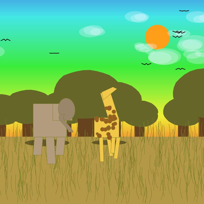 A digital illustration depicts a cartoon elephant and giraffe standing together in a grassy savanna at sunset, with silhouetted trees, flying birds, and a bright orange sun in a teal and green sky, evoking the safari theme mentioned in the post. The simple, stylized artwork reflects the NFT art culture referenced, tying into the post's celebration of "Botto" and the growing acceptance of digital art by traditional fine art museums.