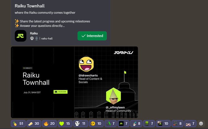 A screenshot showing a 'Raiku Townhall' Discord or community announcement for July 31, with profile images of community members @idrawcharts and @offmylawn displayed alongside a Raiku logo.