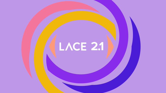 A stylized spiral logo in pink, yellow, and purple hues frames the text "LACE 2.1" against a light purple background, visually representing the updated Lace browser extension featured in the post about its new Wallet Security Check feature.