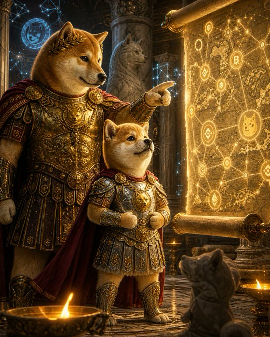 The image features a couple of dogs dressed in knight's clothing, standing next to each other with their arms around each other as if they are holding hands. The dogs appear to be wearing armor and are positioned in front of a piece of paper with maps and symbols on it, suggesting that they are part of some sort of adventure or military-themed story. There is also an image caption present that reads "BABYDOGEUS IS LIVE ONETHUM! The baby is back and building a bright future ahead! babydogeuseth.fun t.me/BABYDOGEUS_por ... Join us early, invite your friends, and let'... #BABYDOGEUS", which seems to be a part of the overall creative narrative or story related to the image. The dogs seem to be interacting with each other in an imaginative manner, as if they are part of their own tale.