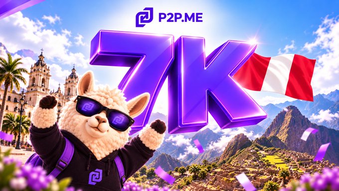 A promotional graphic celebrates '7K' users on P2P.ME, featuring a smiling alpaca mascot in sunglasses and a hoodie alongside a Peruvian flag and Machu Picchu imagery.