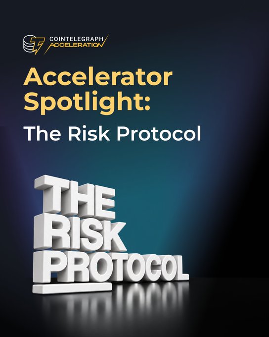 A Cointelegraph Accelerator graphic titled "Accelerator Spotlight: The Risk Protocol" featuring a 3D rendering of the words "THE RISK PROTOCOL" stacked on a dark blue background.
