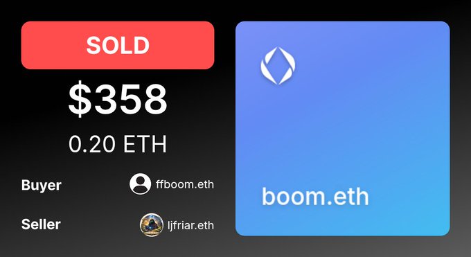 A digital transaction confirmation showing that the domain "boom.eth" has been sold for $358 (0.20 ETH), with the buyer listed as ffboom.eth and the seller as ljfriar.eth, matching the post's details about the ENS domain sale.