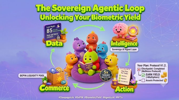A promotional graphic titled 'The Sovereign Agentic Loop Unlocking Your Biometric Yield' featuring cartoon characters and sections labeled Data, Intelligence, Action, and Commerce.