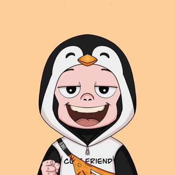 An animated character wearing a penguin hoodie with the text 'CUDDLE FRIEND' printed on it, displaying a wide, toothy grin.