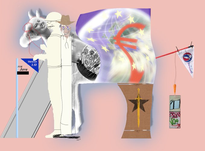 An abstract digital collage on a pink background features a cow, a human figure, a flag with European stars, a euro symbol, and various unrelated text elements like 'Version 3.52' and 'TOK Java'.