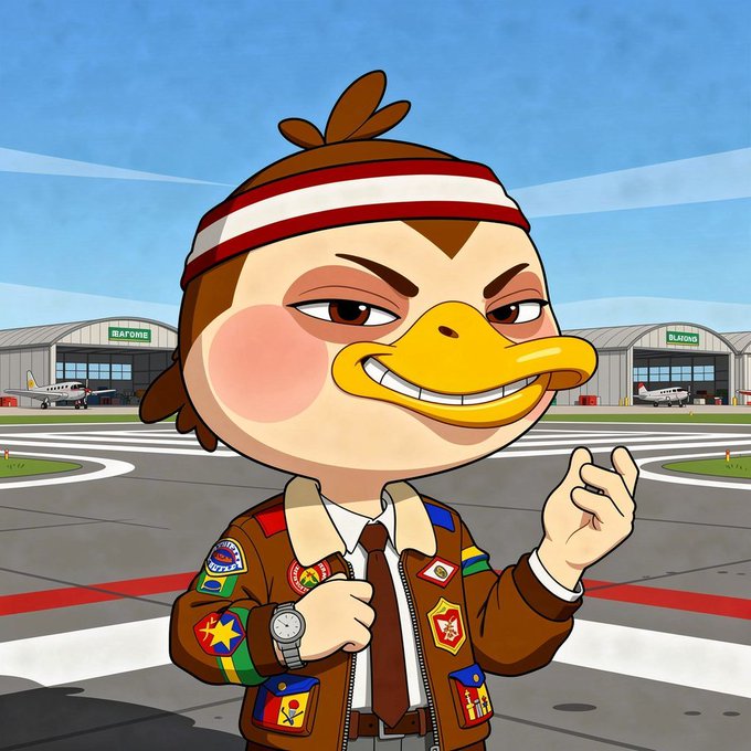 The image features a cartoon character, possibly an anthropomorphic duck or bird, wearing a tie and holding a watch. The character appears to be standing on a runway with a runway sign behind them. The caption of the image reads "Wallchain made me rethink networking strategies completely Wallchain shows which relationships create real engagement Should creators focus more on community relationships than audience size?". This suggests that the creator might have been inspired by the Wallchain concept, where people focus on building genuine connections rather than solely focusing on increasing their online presence or following a large number of followers. The character's attire and the runway setting could be symbolic of this idea, as they both represent the importance of making an impact in a meaningful way through authentic engagement with others.