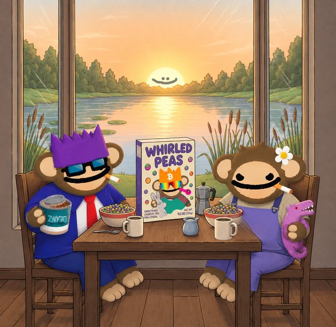 Two cartoon monkeys sit at a table eating cereal from a box labeled "WHIRLED PEAS," featuring a Bitcoin logo and the text "SWEETENED CRUNCHY PEA OAT CEREAL," while holding a "ZHC" coffee mug and a pink dinosaur toy, with a smiling sun setting over a lake in the background.