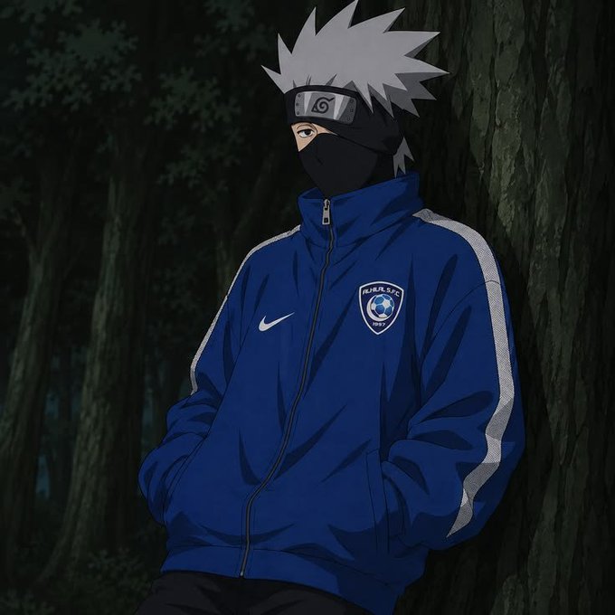An anime character resembling Kakashi from Naruto wears a blue tracksuit jacket featuring a Nike logo and an FK Baku soccer club crest, standing in a dark forest.