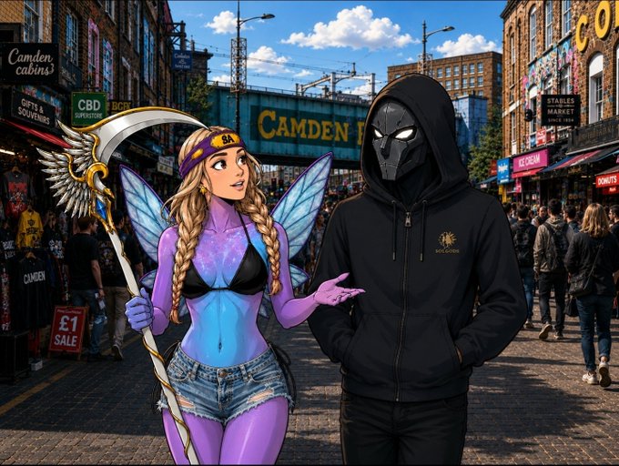 A comic-book style illustration shows a blonde fairy in purple and blue attire holding a staff next to a hooded figure in a black skull mask in Camden Market, with signs reading 'Camden Cabin 3', 'CBD SUPERSTORE', '£1 SALE'.