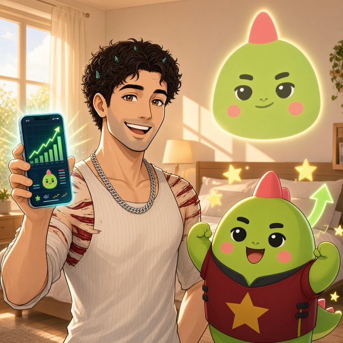 An anime-style illustration depicts a smiling man in a white tank top holding a smartphone showing an upward-trending chart, accompanied by two cute green dragon-like characters with pink horns in a sunlit bedroom.