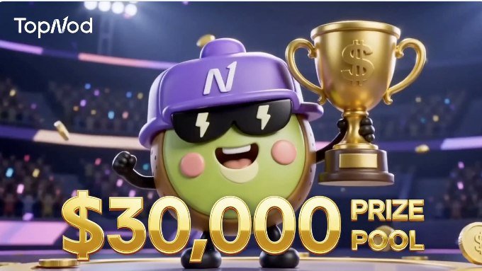 A promotional graphic for 'TopNod' featuring a green mascot wearing an 'N' cap and sunglasses, holding a gold trophy, advertising a '$30,000 PRIZE POOL.'