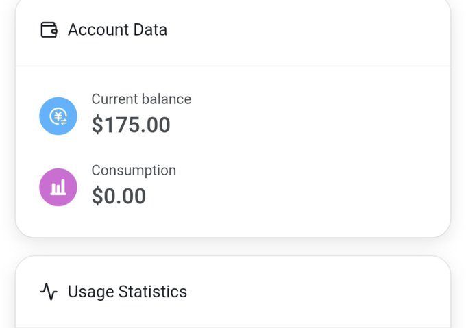 An account data interface displaying a current balance of $175.00 and consumption of $0.00, with sections for Account Data and Usage Statistics visible.