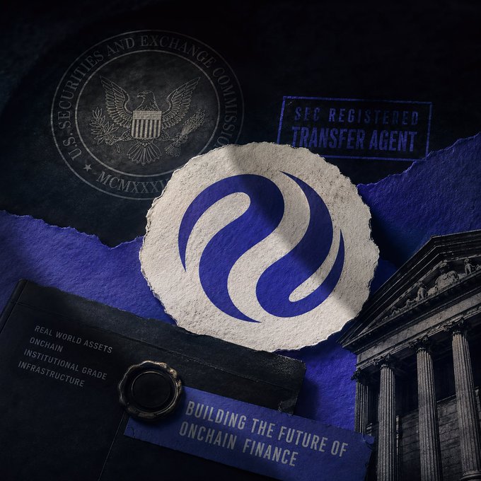 A graphic design featuring the U.S. Securities and Exchange Commission seal, the text 'SEC REGISTERED TRANSFER AGENT', 'REAL WORLD ASSETS', 'ONCHAIN', 'INSTITUTIONAL GRADE INFRASTRUCTURE', and 'BUILDING THE FUTURE OF ONCHAIN FINANCE', with an image of a classical columned building and a stylized blue swirl logo.