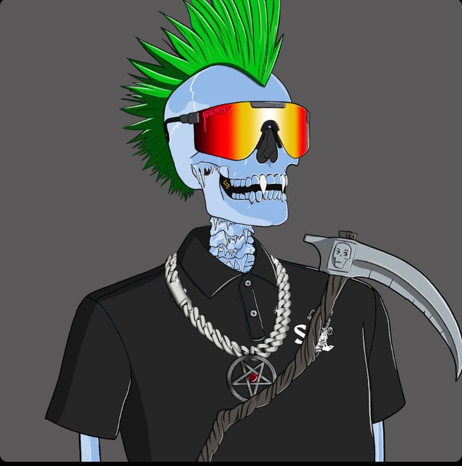 An illustration depicts a blue skeleton with a green mohawk wearing orange sunglasses, a black polo shirt, chains, and carrying a scythe.