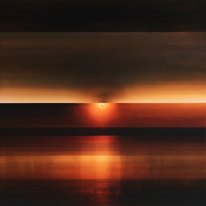 An abstract digital artwork depicts a glowing sunset on the horizon with warm orange light reflecting onto a body of water.