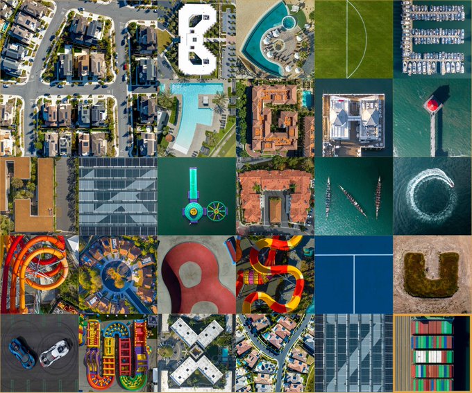 A grid of aerial photographs showcases various places and objects that resemble letters of the alphabet, such as the letter 'B' formed by a pool, 'I' by a building, and 'U' by land formations.