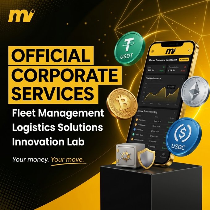 A yellow and black advertisement for 'mv' promotes 'OFFICIAL CORPORATE SERVICES' including Fleet Management, Logistics Solutions, and an Innovation Lab, featuring icons for Bitcoin, USDT, ETH, and USDC.