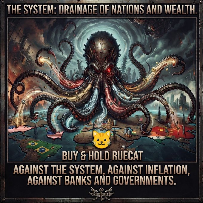 A digital illustration featuring a giant mechanical octopus draining liquid from world flags, with text reading 'THE SYSTEM: DRAINAGE OF NATIONS AND WEALTH' and 'BUY & HOLD RUECAT AGAINST THE SYSTEM, AGAINST INFLATION, AGAINST BANKS AND GOVERNMENTS.'