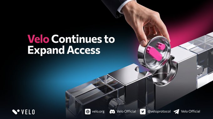A promotional graphic reading 'Velo Continues to Expand Access' showing a hand in a suit placing a pink capsule into a silver mechanical structure. Logos for VELO, velo.org, Velo Official (Discord and Telegram) are visible.