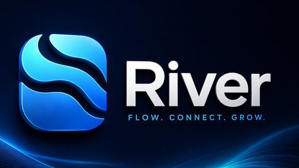 A blue and white logo featuring a stylized wave design next to the text 'River' with the tagline 'FLOW. CONNECT. GROW.' on a dark background.