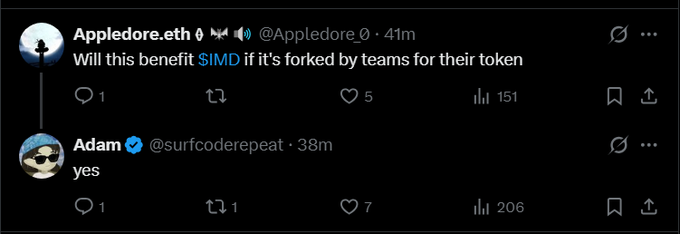A Twitter exchange where @surfcoderepeat (Adam) confirms "yes" in response to @Appledore_eth's question about whether teams forking the mechanism will benefit $IMD, supporting the post's claim that other projects using this automated market management tool will drive value back to IMD.