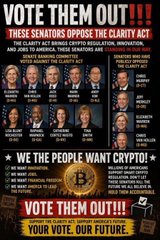 A political poster titled 'VOTE THEM OUT!!!' opposes the CLARITY Act and Senators behind crypto regulation, featuring photos of politicians, a Bitcoin logo, and the tagline 'WE THE PEOPLE WANT CRYPTO!'