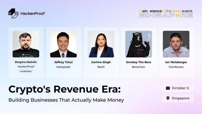 A promotional banner for "Coin-ference Singapore" featuring speakers Dmytro Matviiv, Jeffrey Tchui, Garima Singh, Smokey The Bera, and Ian Weisberger for the event "Crypto's Revenue Era: Building Businesses That Actually Make Money" on October 5.