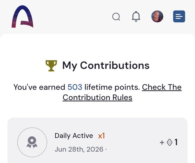 A user profile dashboard showing "My Contributions" with 503 lifetime points earned, including a recent "Daily Active x1" reward of 1 point on Jun 28th, 2026. The screenshot supports the post's encouragement to keep contributing on the Arc platform.