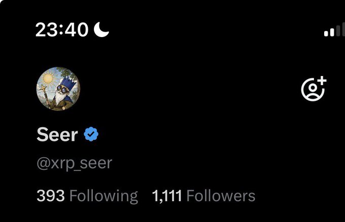 A Twitter/X profile screenshot at 23:40 showing the account "Seer" (@xrp_seer) with the blue verification badge, 393 Following and 1,111 Followers, paired with a late-night post referencing the meaningful 1,111 follower milestone and expressing bullish optimism for XRP.