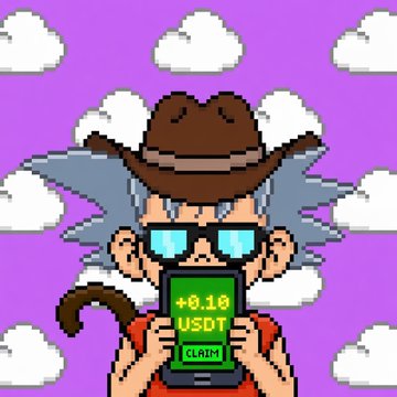 The image features a cartoon character wearing sunglasses, a cowboy hat, and glasses while holding a cell phone displaying a green screen with text that says "0.1 USDT Claim". The background of the image shows clouds against a purple sky. The caption provided in the image is related to the post about playing games for cryptocurrency mining, specifically mentioning the game RollerCoin.
