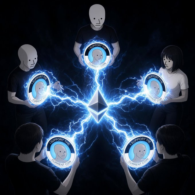 A digital illustration shows five figures, including masked and anime-styled characters, surrounding an Ethereum logo at the center while holding glowing tokens that read "I SUPPORT THE CURRENT COIN," with blue lightning crackling between them.